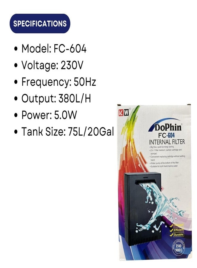 صندوق فلتر داخلي Dophin FC-604 لأحواض أسماك الزينة | مناسب للمياه العذبة والمالحة | معدل التدفق: 380 لتر/ساعة | مناسب لأحواض سعة 75 لترًا | (أصلي من متجر Tunai) - Image 3